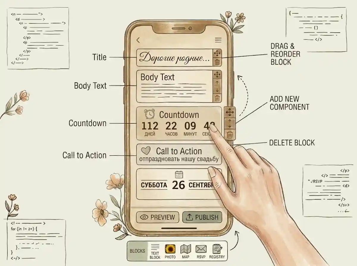 Linear retro illustration: a detailed mobile website builder interface featuring intuitive tools for block and content customization