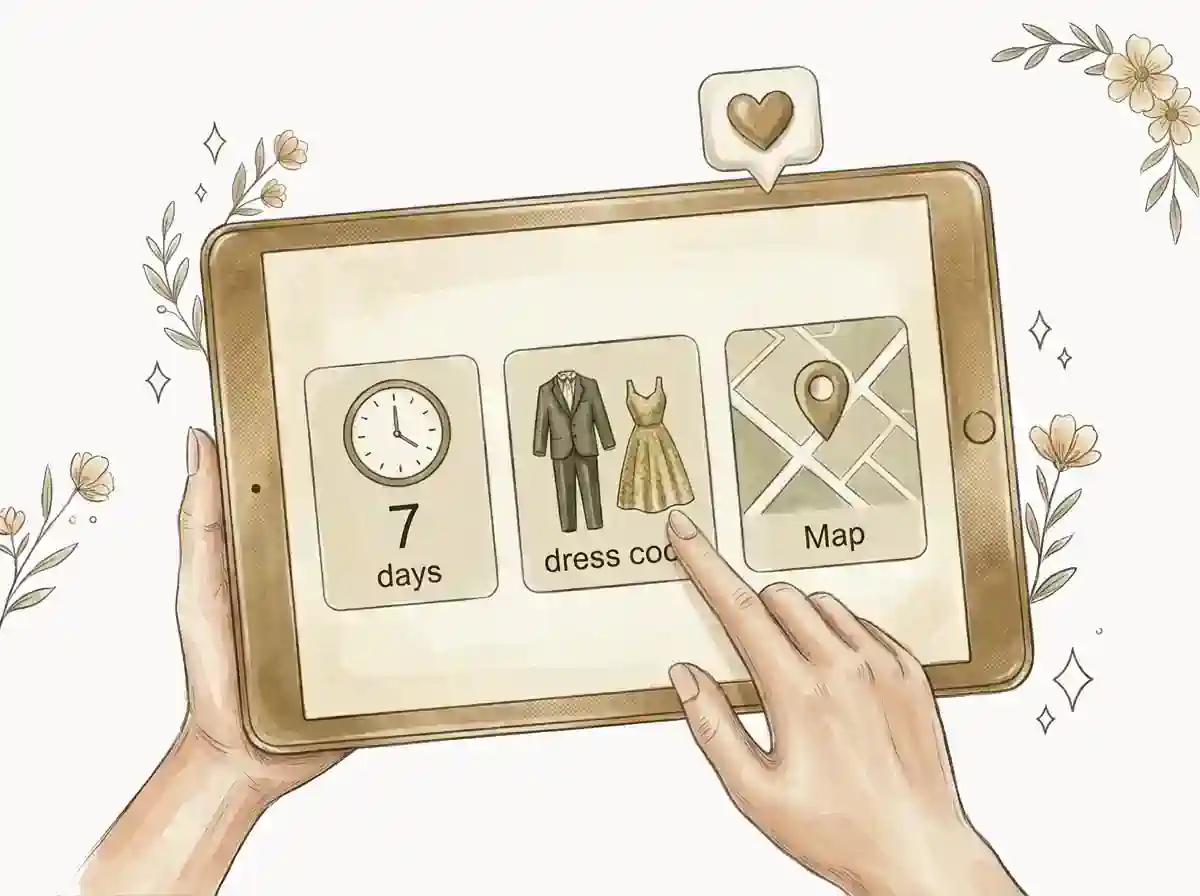 Linear retro illustration: the process of customizing individual interactive website elements like dress code and maps on a tablet