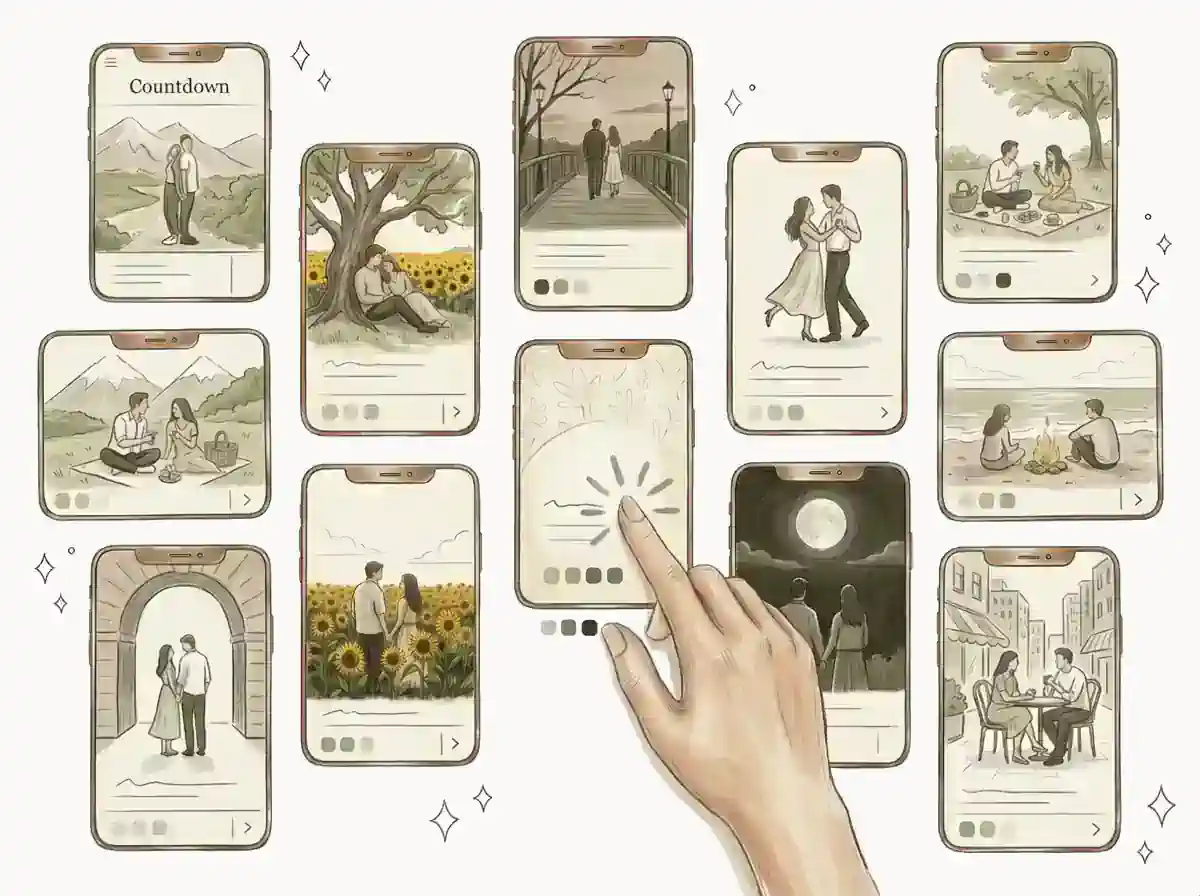 Linear retro illustration: a collection of diverse wedding invitation templates displayed across multiple mobile device screens