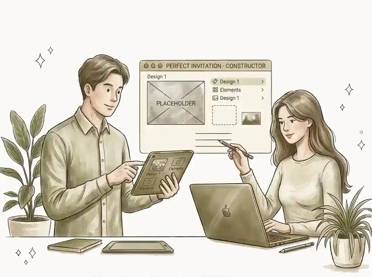 Linear retro illustration: a man and a woman working on a laptop and tablet, designing a custom wedding invitation