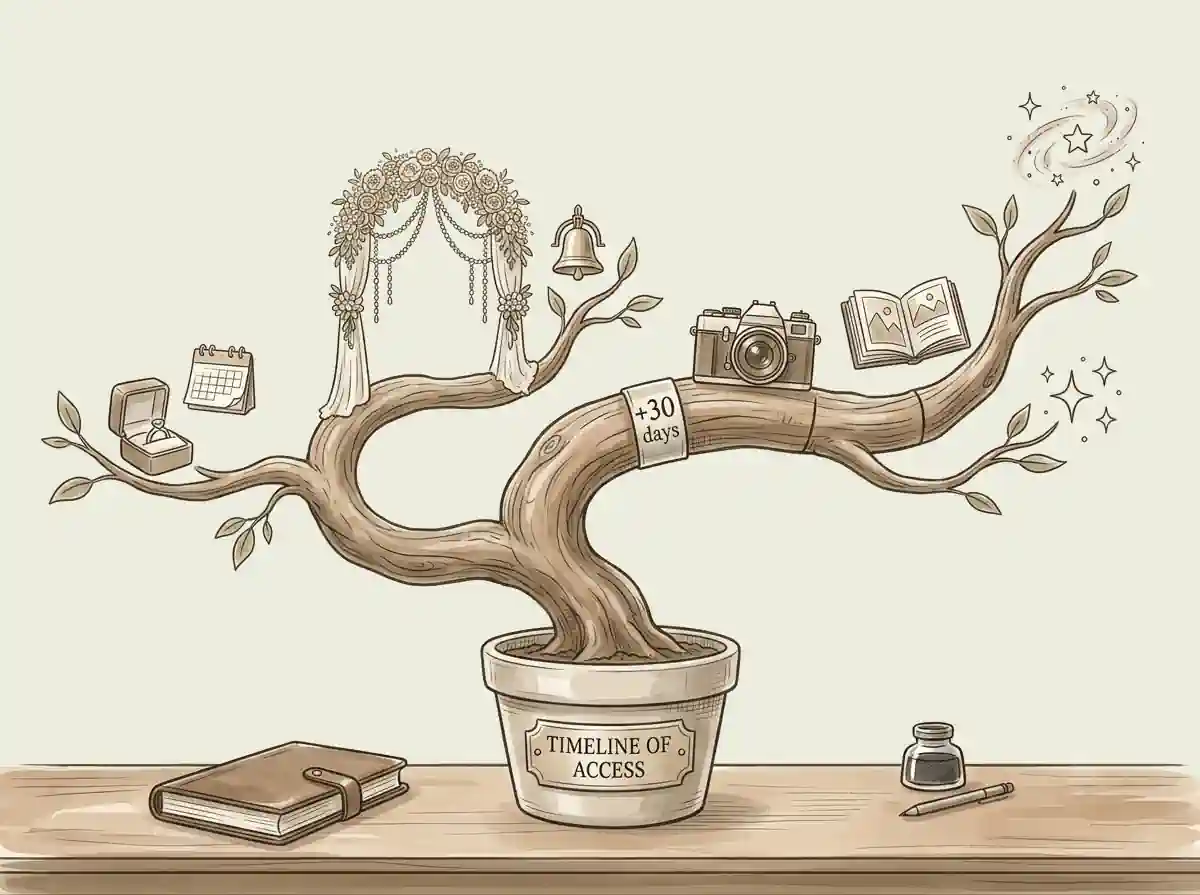 A linear watercolor-style vintage illustration: a wedding tree in a pot symbolizing the timeline of your website access.