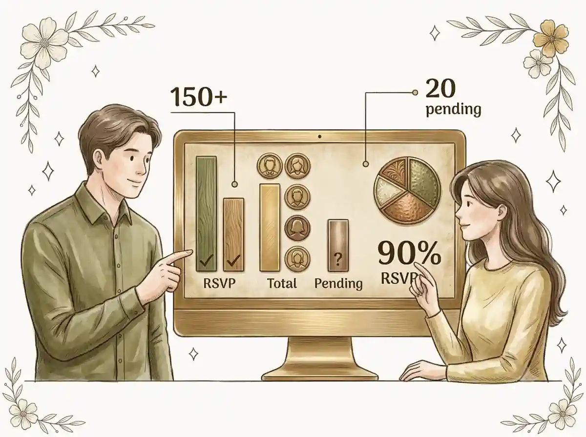 Linear retro illustration: a couple analyzing guest RSVP statistics and managing their guest list on a monitor dashboard