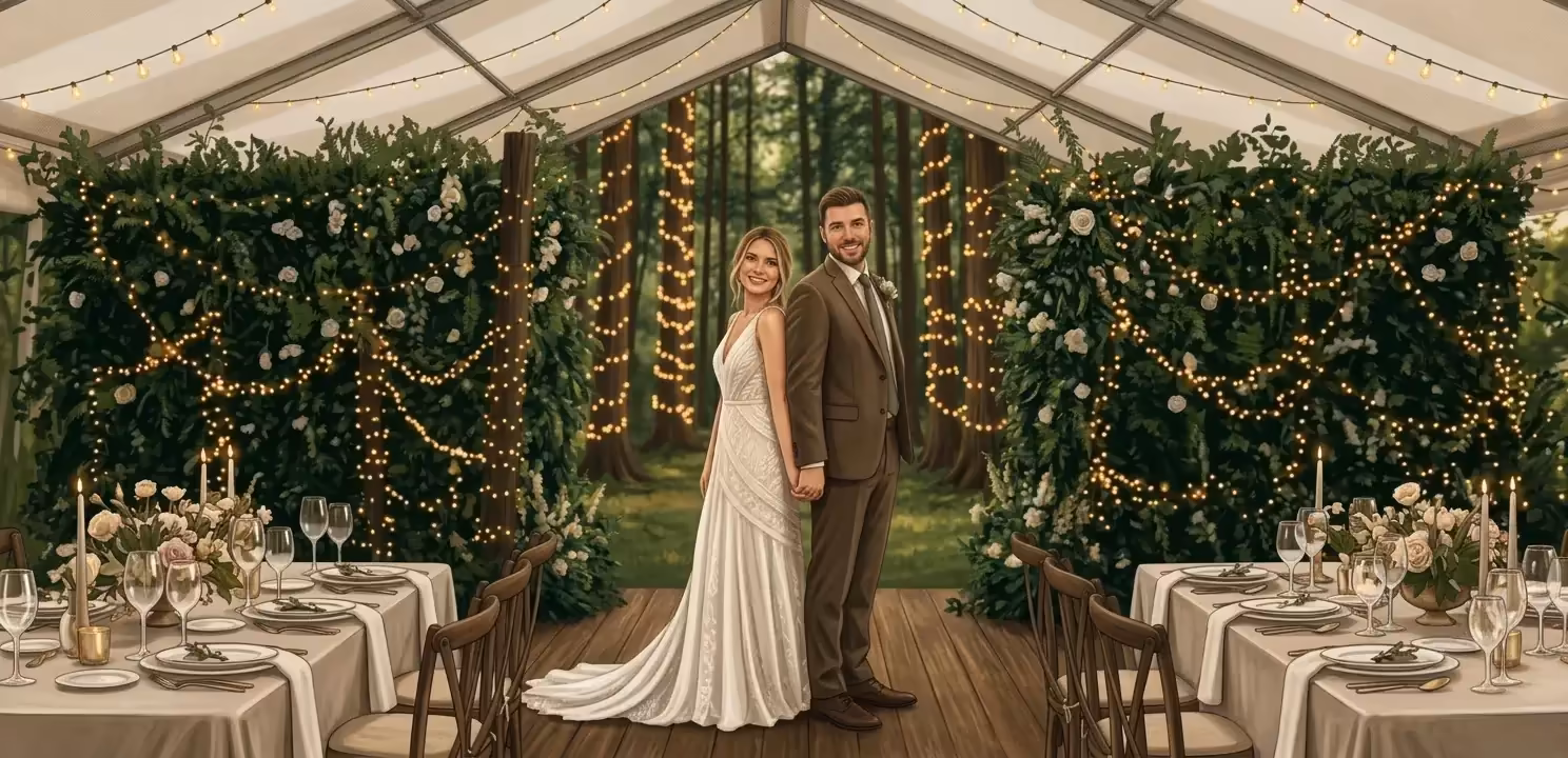 Aesthetic wedding celebration in a marquee, hosted with digital wedding invitations