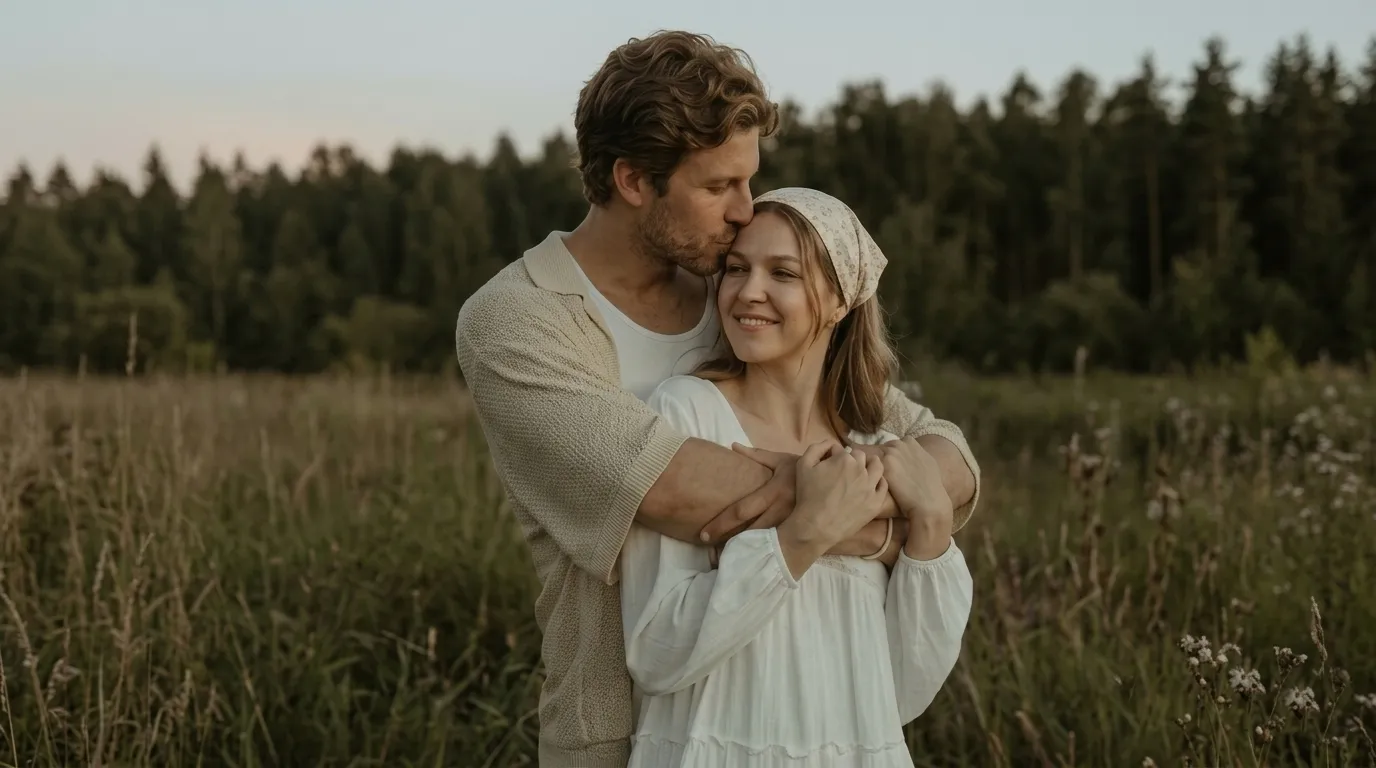 Close-up: the groom is affectionately kissing the bride's forehead at twilight