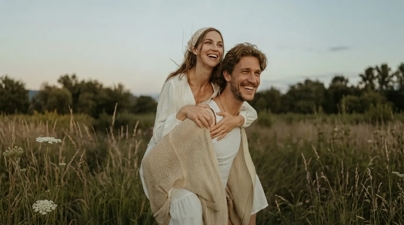 Joyful photo: the bride, wearing a bandana, is happily giving the smiling groom a piggyback ride
