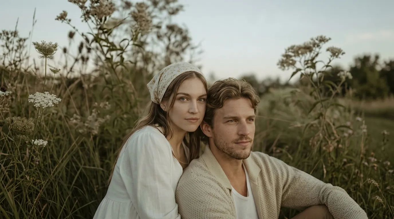 Close-up portrait of the couple: happy are looking at the camera with gentle smiles
